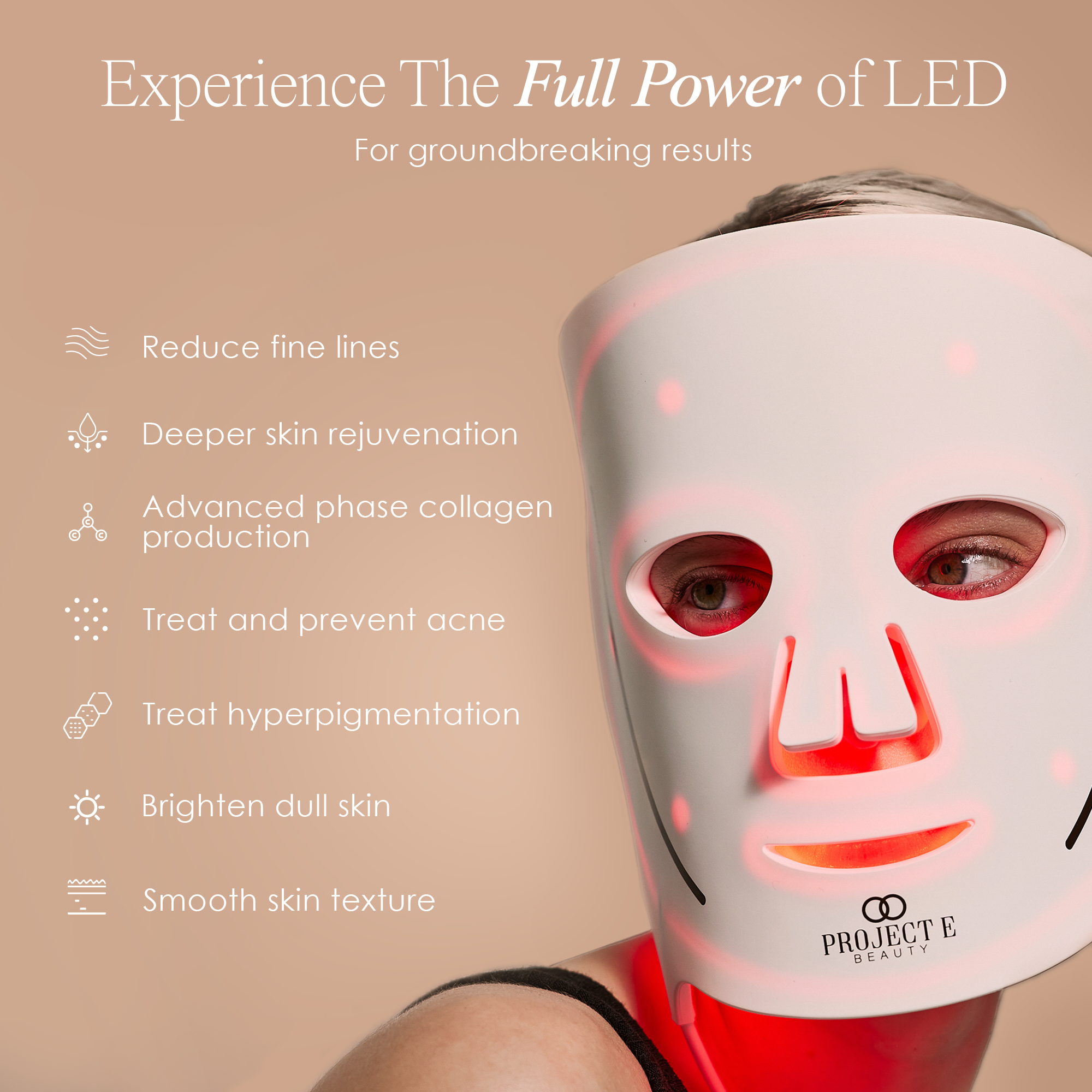 List of LED light therapy benefits including reducing fine lines, treating acne, and deeper skin rejuvenation
