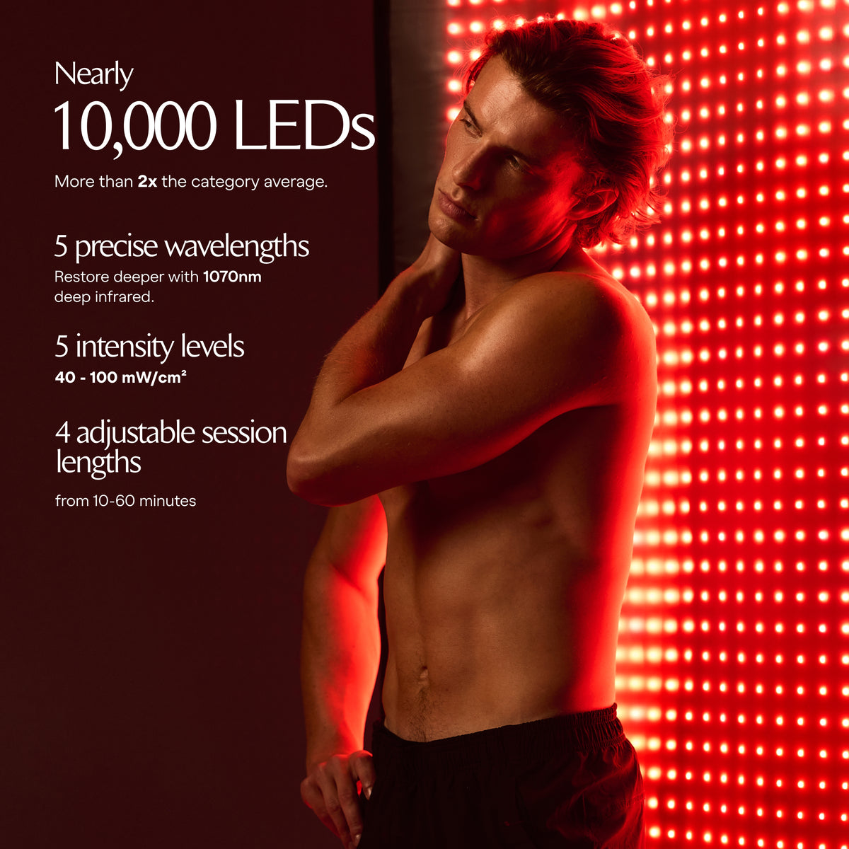 Restora+ specificatie-infographic naast een man voor een verlichte rode LED-mat