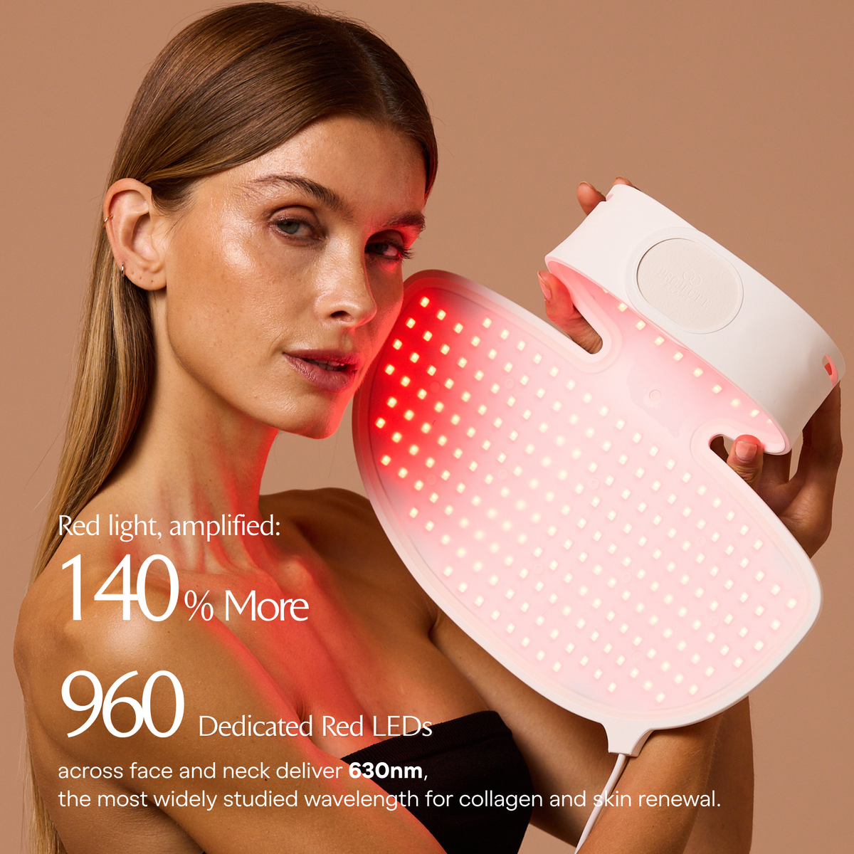 Vrouw met verlichte LumaLux Face+ V2 panelen naast een infographic over rode LED's